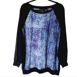 DKNY women's plus size 1X confetti print raglan sleeve scoop neck top blue back
